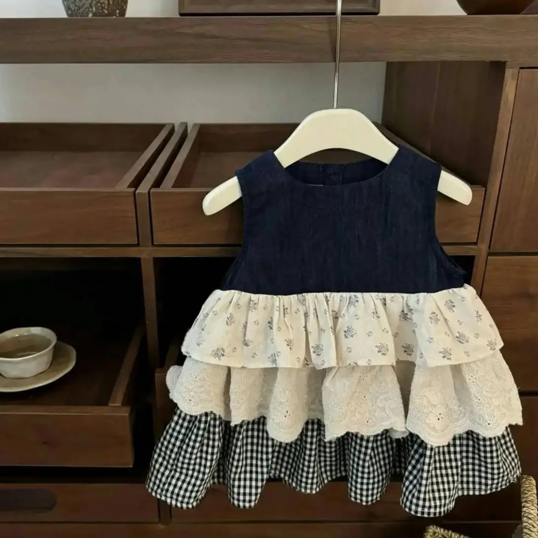 

Baby Girls Vest Dress Spring Summer Sleeveless Plaid Patchwork Tiered Dress Harajuku Style Princess Sundress