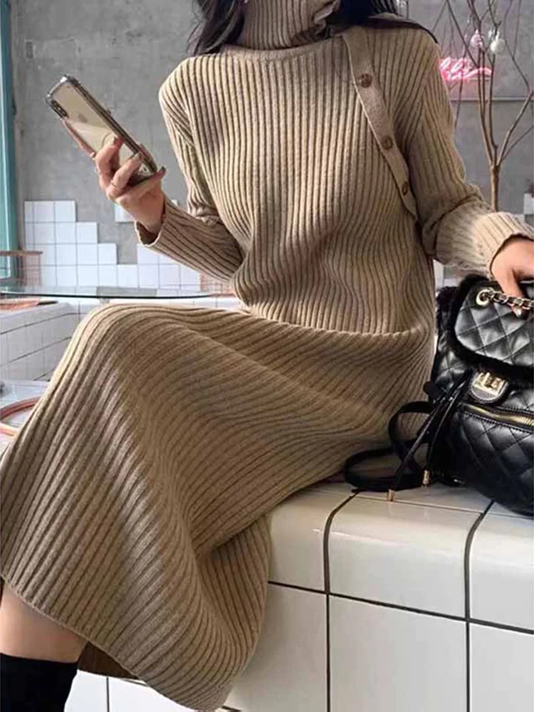 Long Cut High Neck Woolen Dress for Women in Autumn and Winter, Loose Knee Length Knitted Pullover Long Skirt