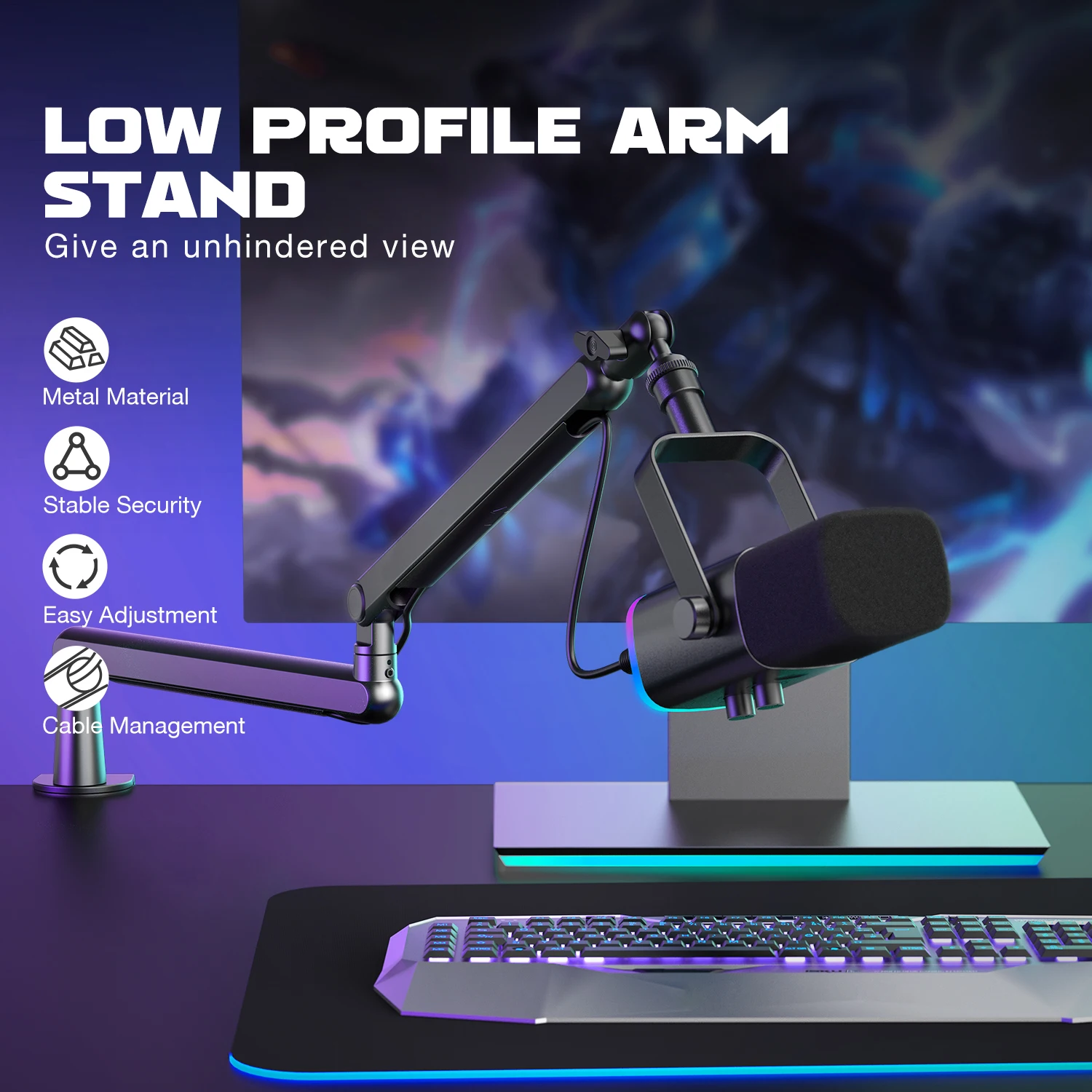 FIFINE Adjustable Low-profile Arm Microphone Stand with Cable Managment/Desk Mount, Suspension Boom for K688 Ampligame AM8-BM88