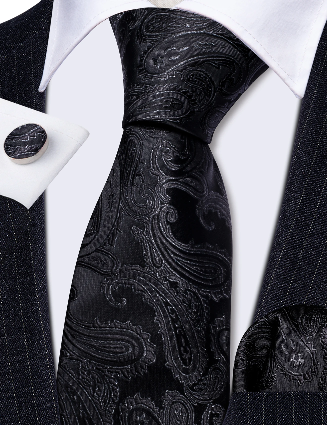 Business-Krawatten in Schwarz für Herren, klassisch, einfarbig, hochwertig, gewebtes Einstecktuch, Manschettenknöpfe, Sets für Partys, formell, Designer Barry. Seide Wang – Detail 8