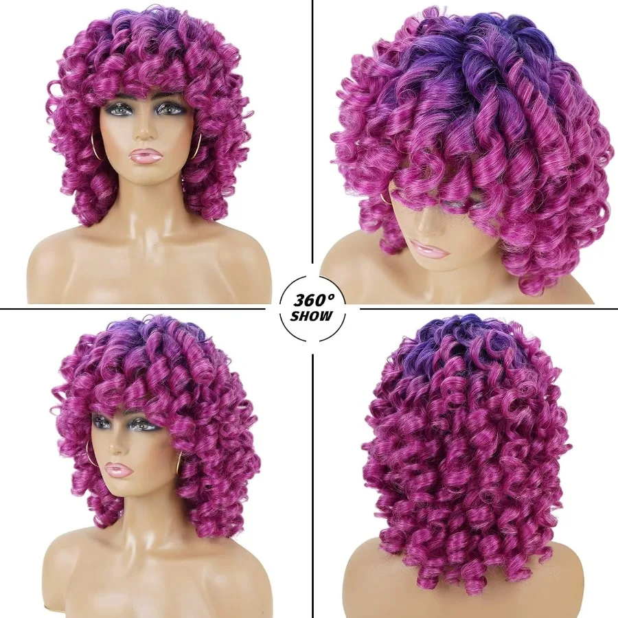 باروكات باللون الأزرق والأرجواني للنساء، شعر مستعار قصير مجعد ناعم مع غرة من الألياف الاصطناعية المقاومة للحرارة، مثالي لأزياء الهالوين