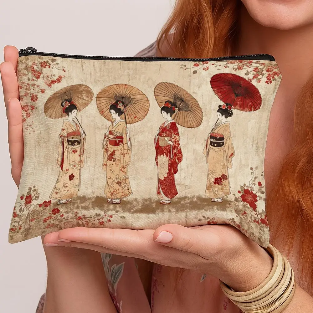 Japanese Geisha Kimono Design Vintage Makeup Bag Zippered Travel Toiletry Organizer Portable Cosmetic Pouch Storage Bags