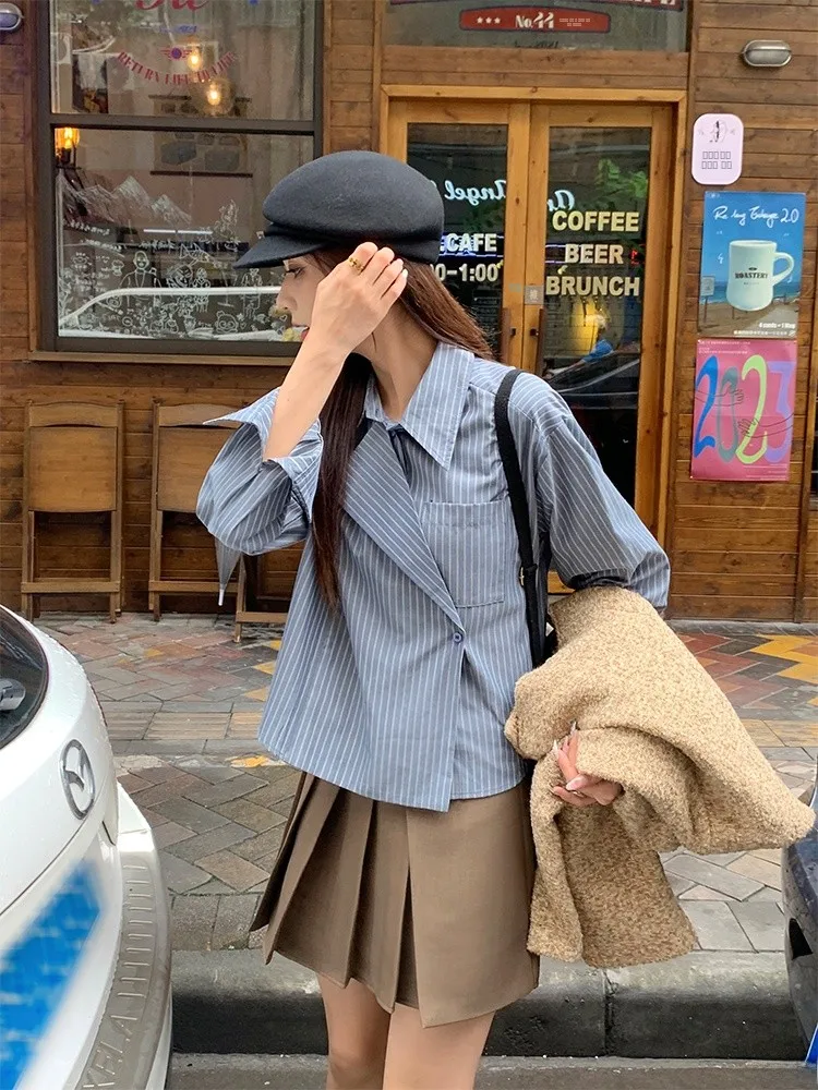 

Blue Striped Women's irt Yang Bubble Autumn New Sle Tailored Collar Oblique Slit Design Slimming Effect Korean Sle Long...