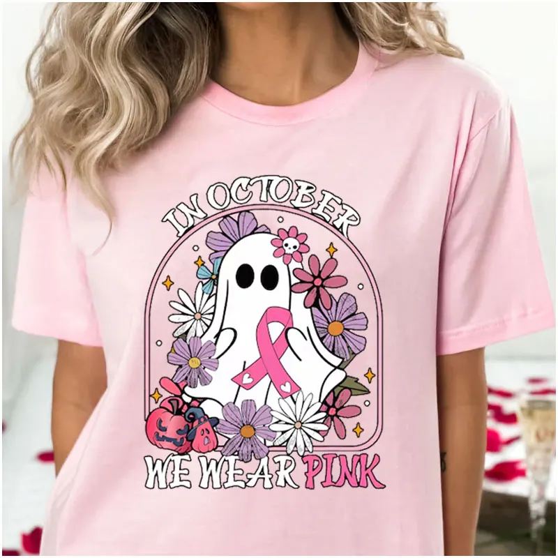 In October We Wear Pink Print Shirts Ghost Coquette Bow Retro Fall Pumpkin Bow Halloween Cute Pink Ghost Breast Cancer Awareness