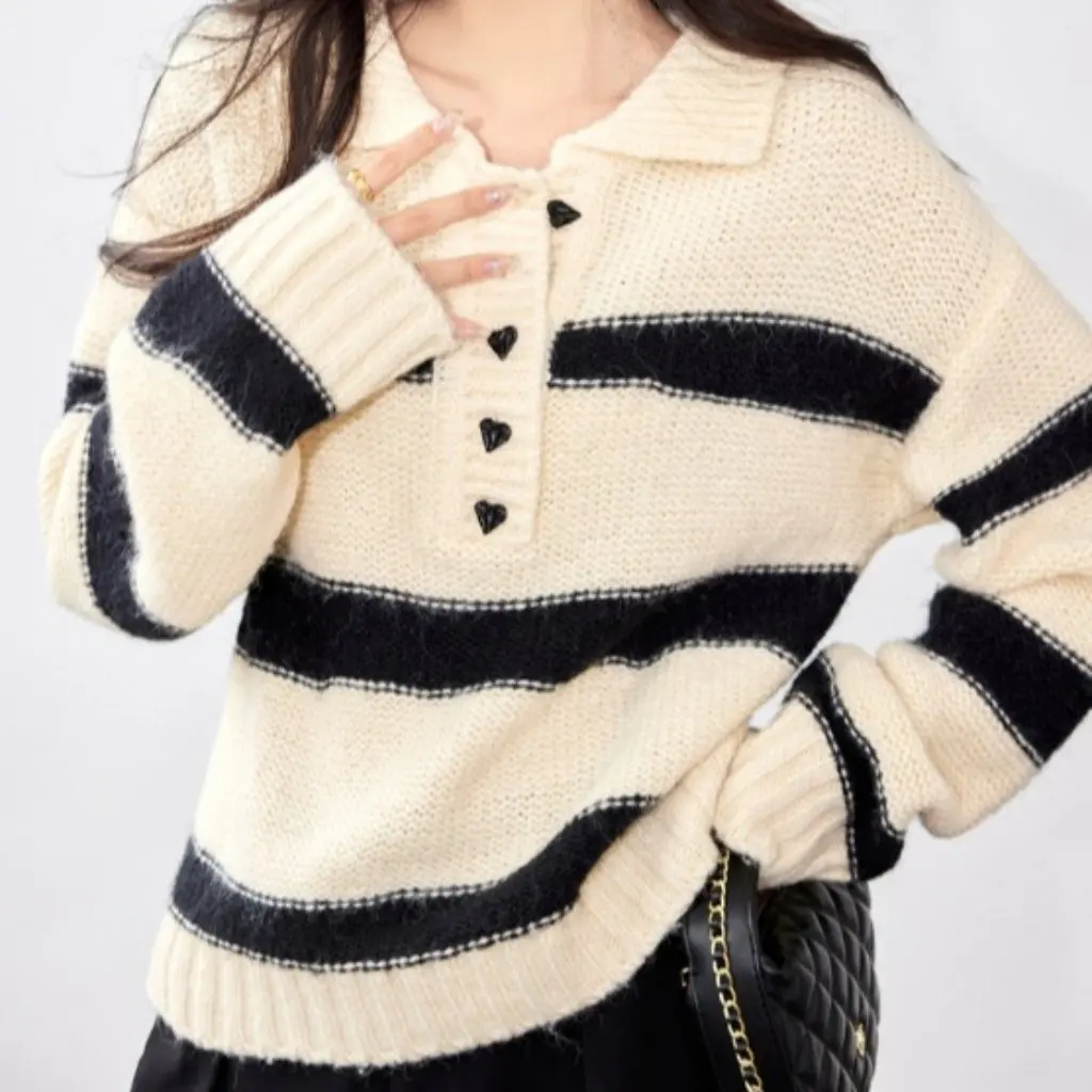 

Korean Women's Temperament Commuter Knitted Sweater Love Flip Collar Striped Design Loose Fit Autumn Winter Wool Top