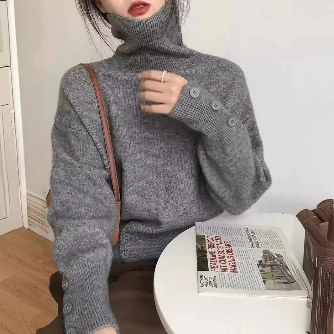 

2025 Autumn and Winter New Design Sense High Neck Pullover Sweater Women's Korean Version Chic Slit Casual Knit Top Women
