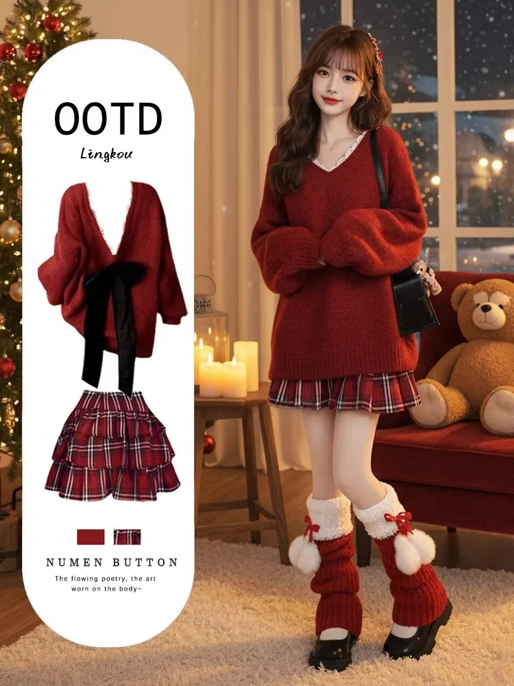 

Autumn Winter Ele High Waist Puffy Skirt And Knitted Sweater Set with Knot for Women Beautiful Faionable Two-...