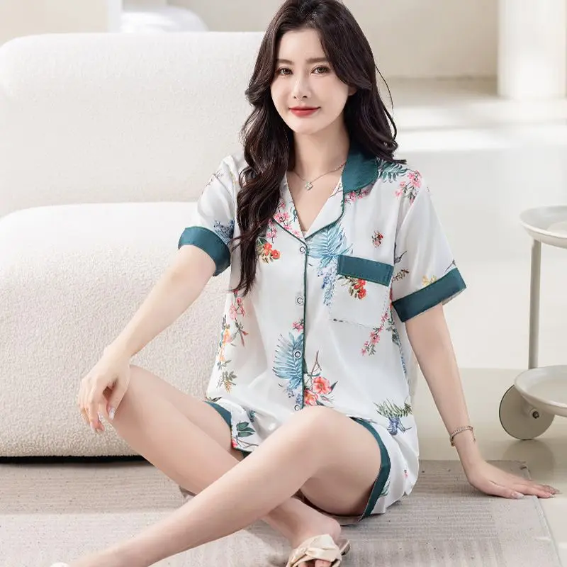 Ice Silk Thin Pajamas Summer Imitation Silk Women Home Clothing Suit Simple Loose Comfortable Short-sleeved Shorts Sleepwear Set