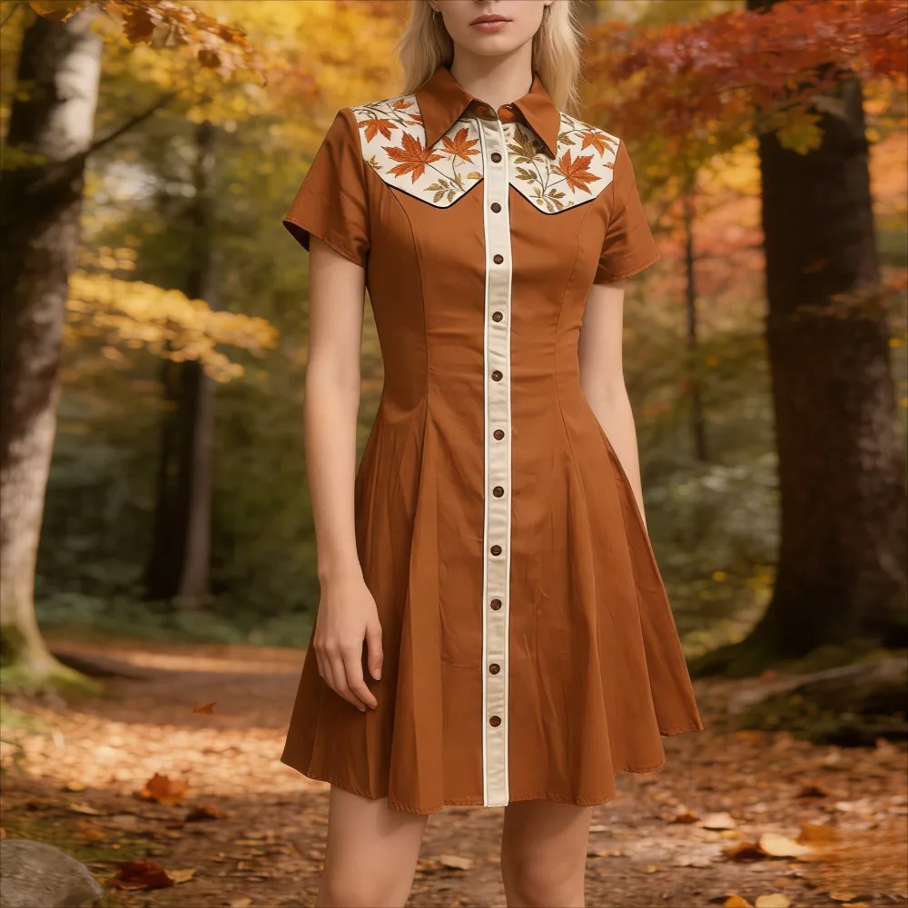 Women's 100% Cotton Vintage Maple Leaf Print Western Shirt Dress Short Sleeve Button Down A-Line Flared Swing Casual Dresses