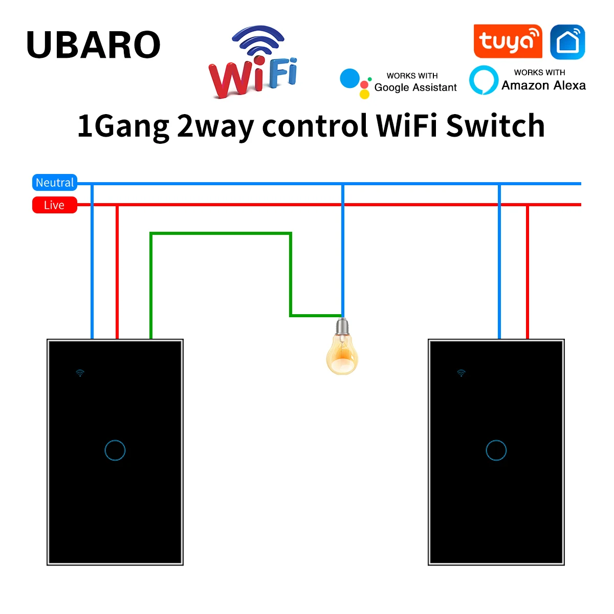 Ubaro 2-ウェマアメリカ標準強化ガラスパネル,wifi付きスマートウォールスイッチ,Alexa,Google Home,音声制御,光センサー