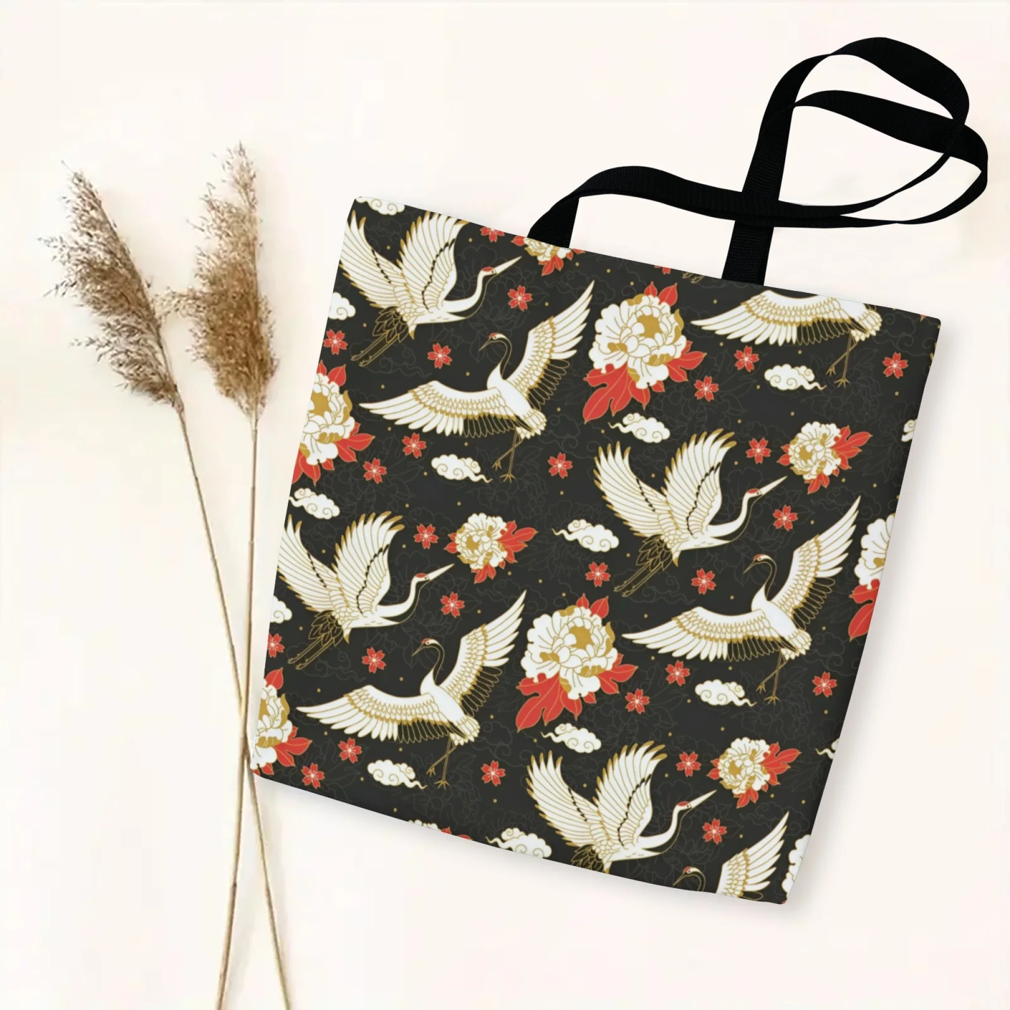Bolsa tote japonesa tradicional ukiyoe com padrão de guindaste, bolsa de ombro reutilizável de lona, presente para amantes da arte popular e entusiastas da cultura
