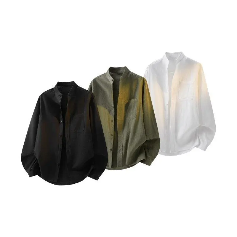 

Spring Autumn Winter Spring Pure Color Long Sleeve Stand Collar Men's Shirt Korean Style Casual Loose Fit Comfortable Cotton