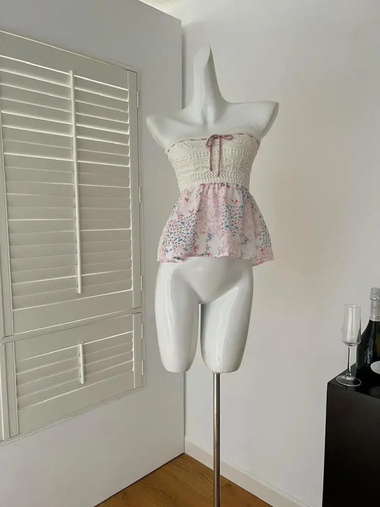 

Summer Beige Print Patchwork Lace Backless Off Shoulder Short Tops For Women Sexy Lace-up Backless Strapless Top Streetwear Boho