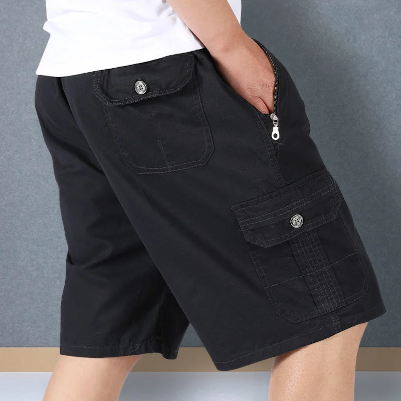 Summer New Solid Color Fashion Pure Cotton Knee Length Pants Man High Street Zipper Pockets Casual Asymmetrical Straight Shorts