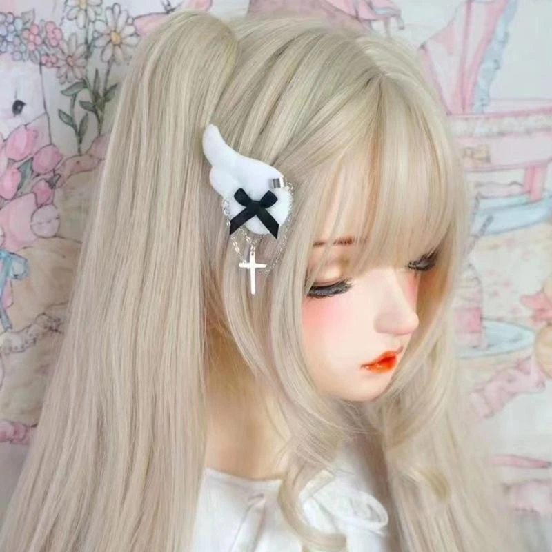 ホットガールアニメヘアピンサブカルチャーエンジェルウィングヘアクリップぬいぐるみサイドクリップティーンガール Y2K ヘアスタイリングクリップパンク頭飾り