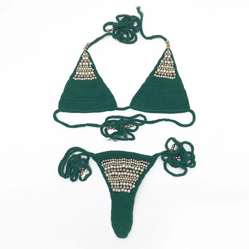 

Beading Cotton Bikini Sets fot Women 2022 Hand Crochet Adjustable Lace-up Elastic Micro Bikinis Sexy Bordered Swimsuits