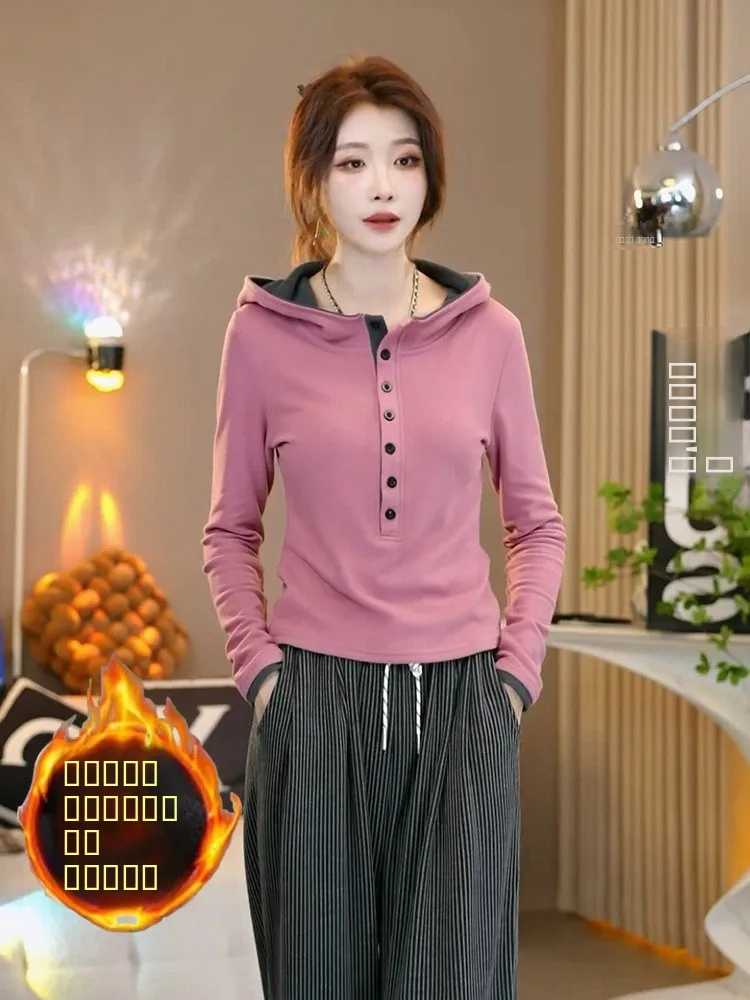 

Двусторонняя вельветовая толстовка с капюшоном, модная, с длинными рукавами, на пуговицах, в стиле колор-блок, омолаживающая, универсальная женская осенняя кофта