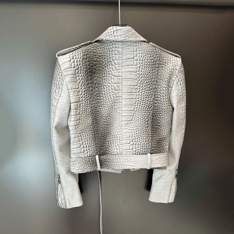 Women Coat Spring 2025 New Fashion Genuine Leather Jacket Imitation Crocodile Skin Texture Motorcycle Model