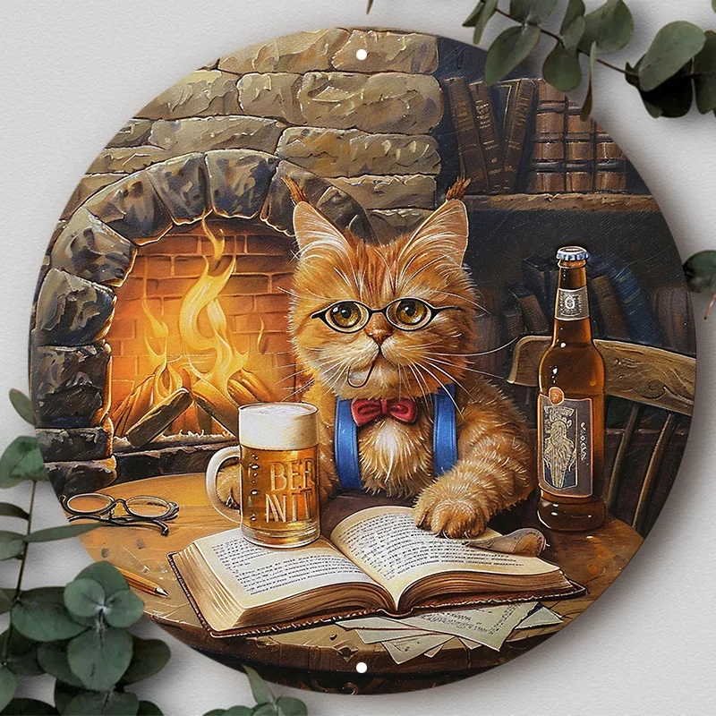 Letrero de metal de aluminio: decoración del hogar de Tavern Cat, logotipo de corona circular plana 2D, adecuado para varios escenarios