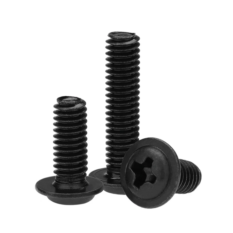 100pcs/lot PWM Black Pan Head Screws  with Washer M1.4 M2 M2.5 M3 M 3.5 M4 M5 M6 Fixed Motherboard Screws With Pad DIN967