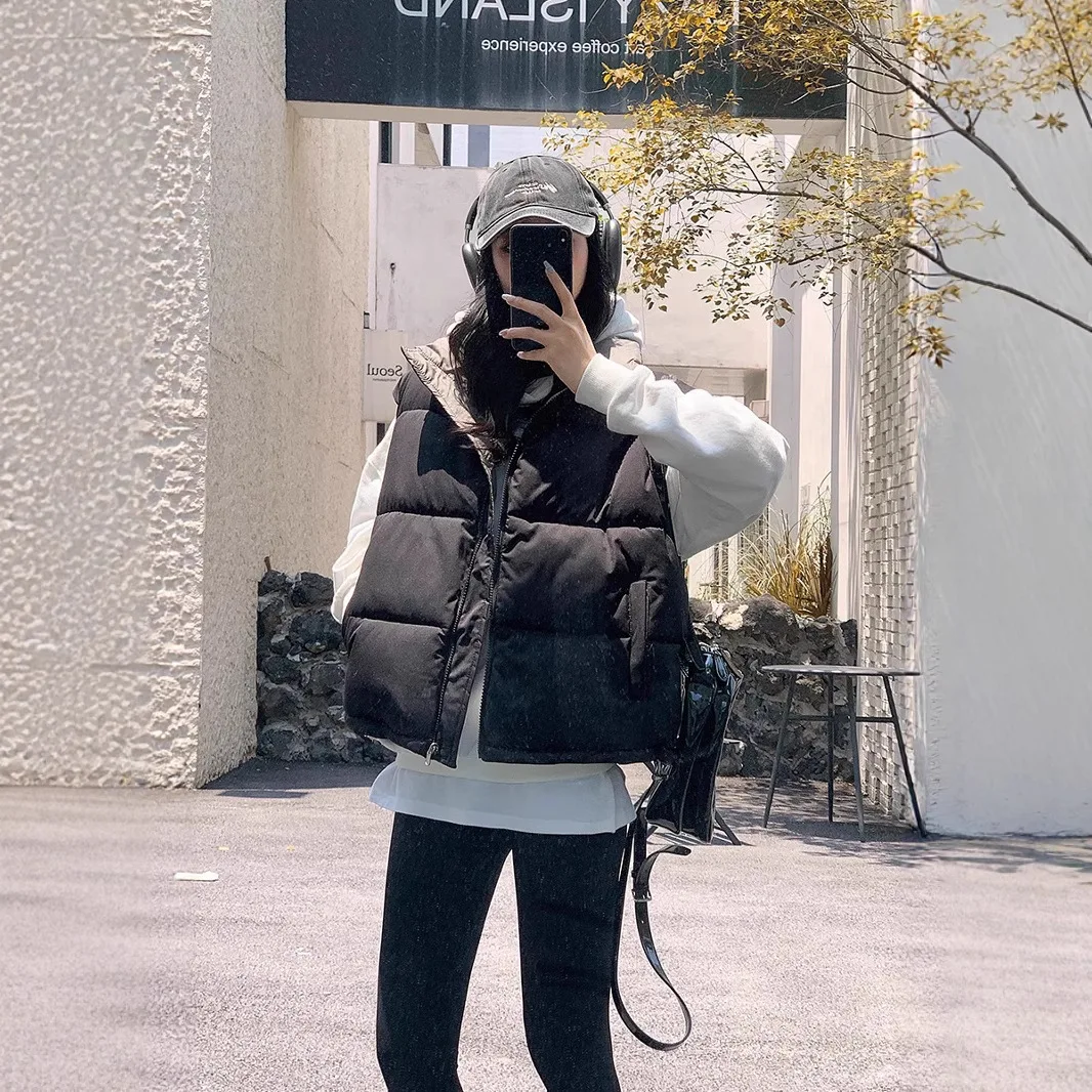 Fashion Double Sided Women's Cotton Vest Autumn Winter Stand Collar Thick Sleeveless Jacket Solid Color Loose Warm Waistcoat