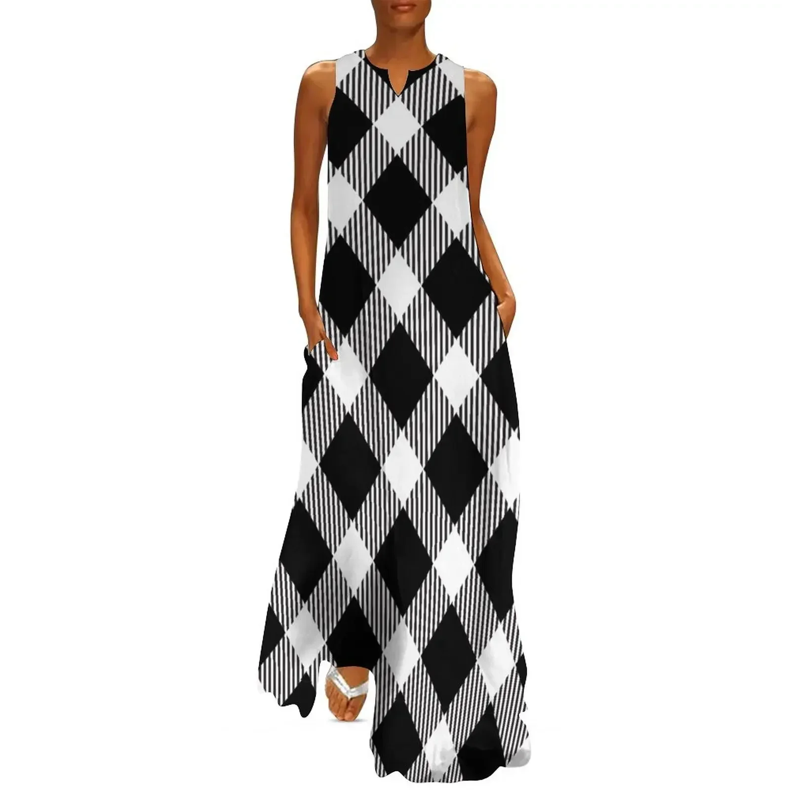 

65 MCMLXV Oversized Diagonal Black Gingham Plaid Pattern Long Dress Beachwear sexy dress for women prom dress