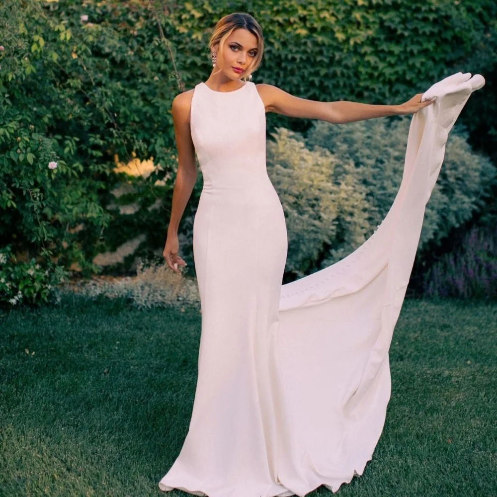 

A Line Simple Wedding Dresses Customized Elegant Tank O Neck Bride Dress Backless Mermaid Bridal Gown New Vestido De Novia