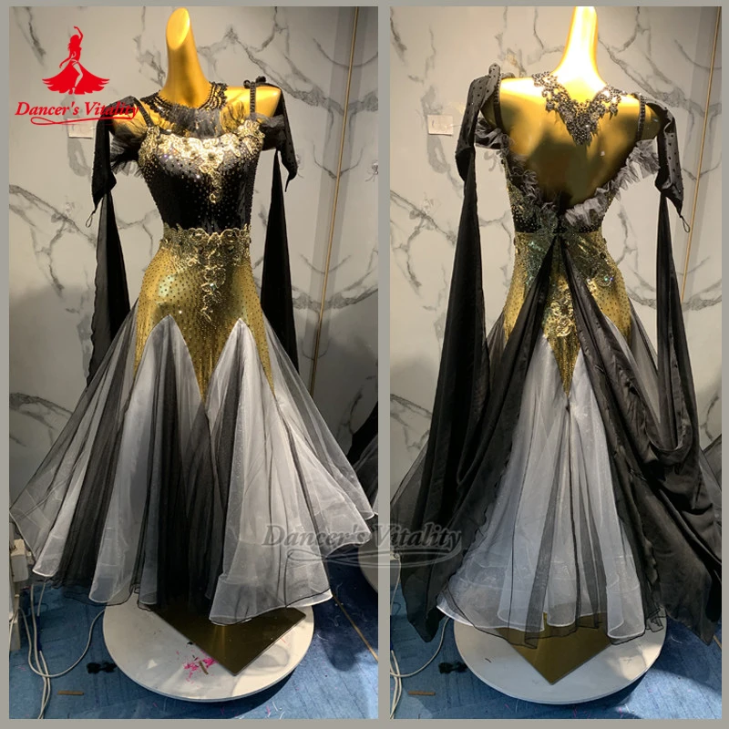 Two-color Stitching Waltz Professional Elegant Dresses with Necklace Ballroom Dance Wrap Hips Outfit Customize Dancer's Vitality