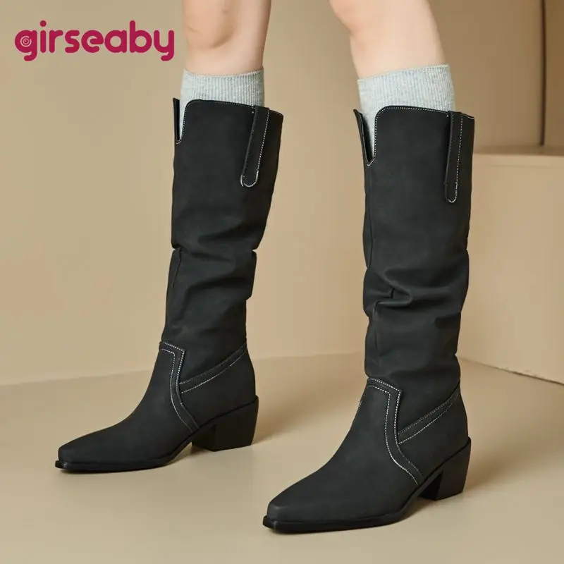 

Girseaby 2025 Женские сапоги до колена для отдыха с квадратным носком на массивном каблуке 5,5 см, слипоны, большой размер 45, 46 47 48 Мягкая повседневная обувь в стиле ретро