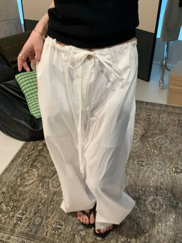 

White Quick Dry Silk Work Trousers Women Summer Thin Loose BF Lazy Style Bloom Wide Leg Pants Straight Casual Pants