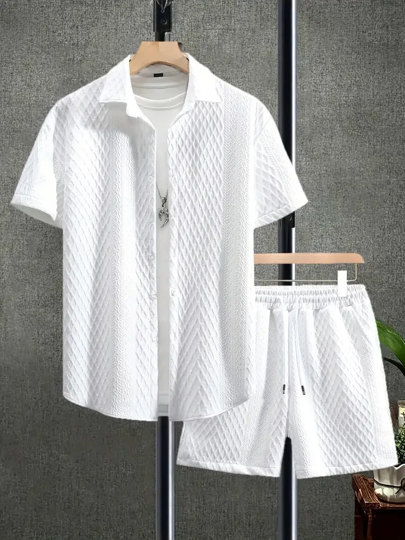 Herren-Outfit-Set mit Streifenmuster, 2-teilig, Lässiges Sommer-Set, Kreatives Kurzarm-Hemd mit Knöpfen und Revers, Top und Shorts