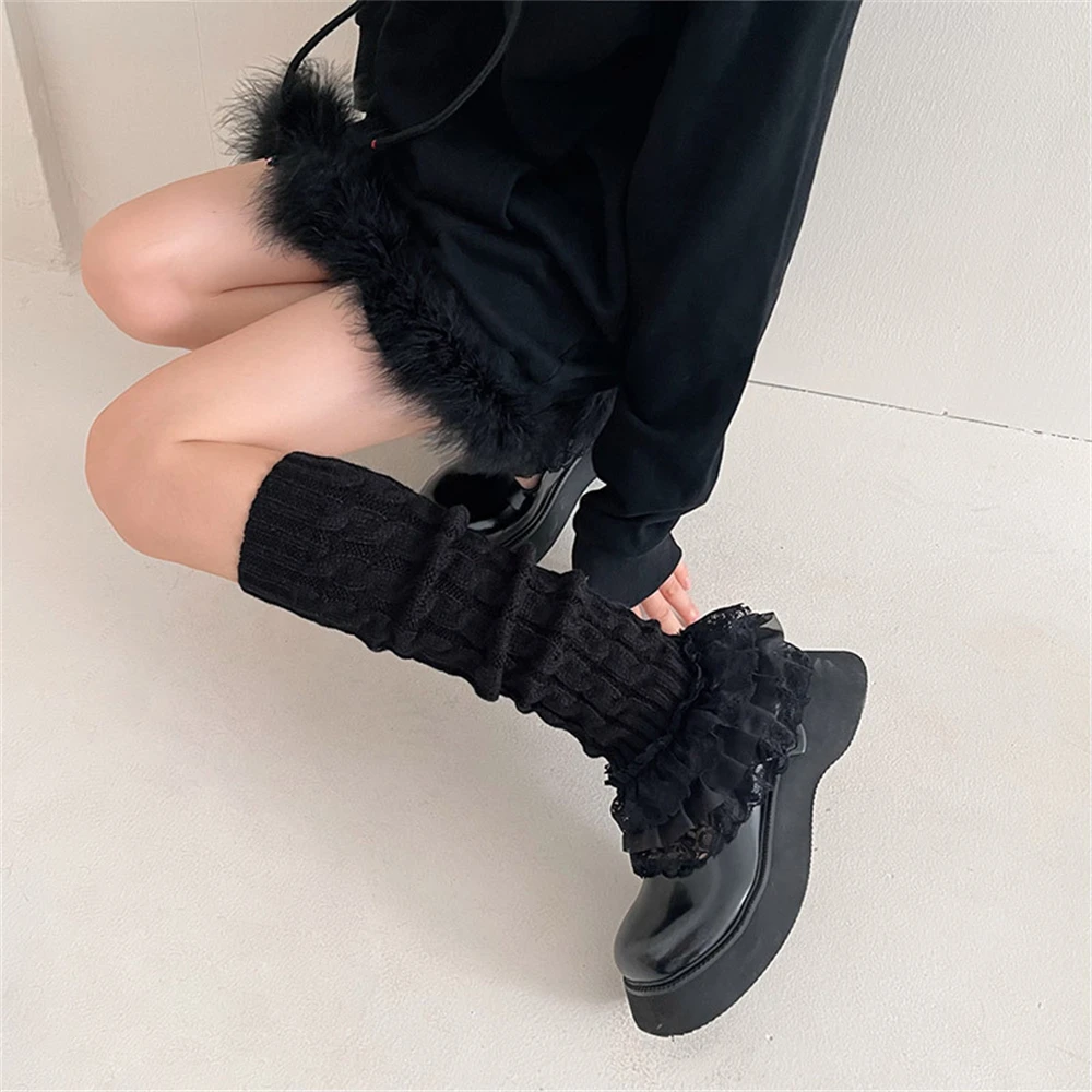 1Pairs Lolita Long Socks Women's Leg Warmers Y2k Sweet Lace Kawaii Knitted Foot Cover Winter Crochet Socks Boot Cuffs Sock