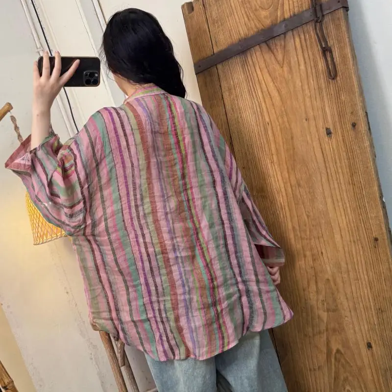夏の新しい芸術スタイルの女性ターンダウン襟ルーズシングルブレストブラウスダブルポケットヴィンテージストライプラミーロングシャツ TH112