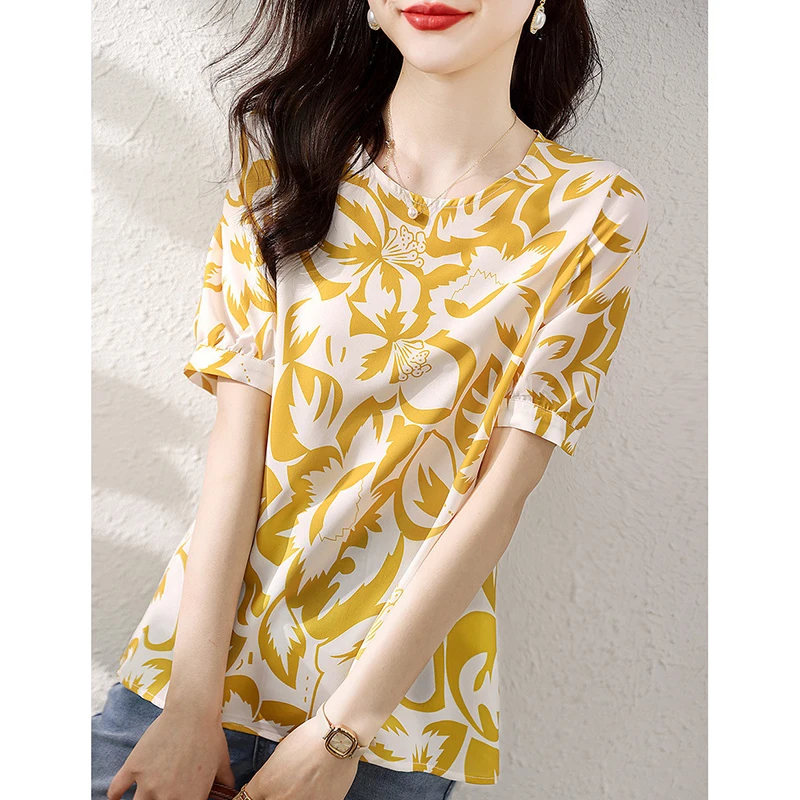 Elegant O-Neck All-match Printed Chiffon Blouses Women Clothing 2024 Summer New Loose Short Sleeve Chic Tops Sweet Shirts