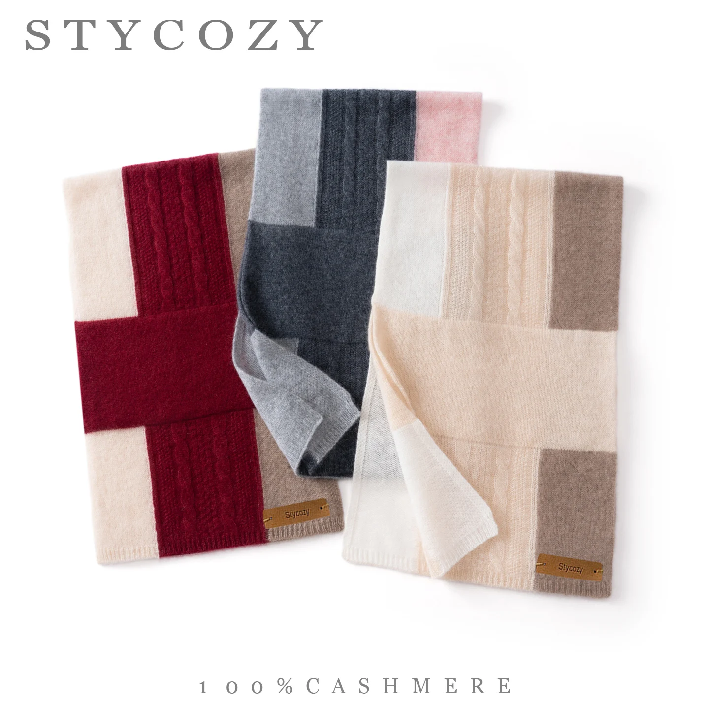 100%Cashmere Color Block Striped Knit Pull Through Hole Scarf Women Winter Small Neck Wrap Daily Couple Style Warm Neck Warmer