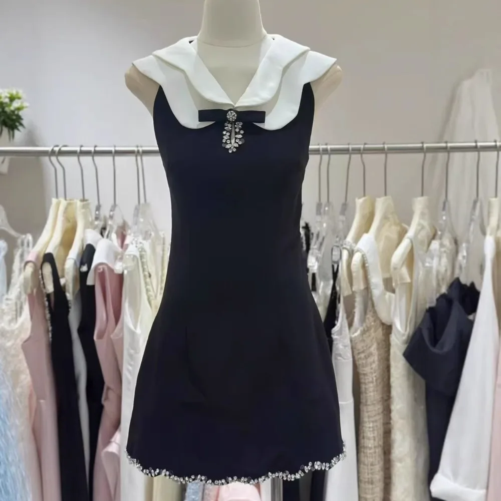 

Elegant Black Bowknot Dress Diamond Beading Doll Collar Sleeveless High Waist A-Line Mini Dress Simple College Style Vest Skirt