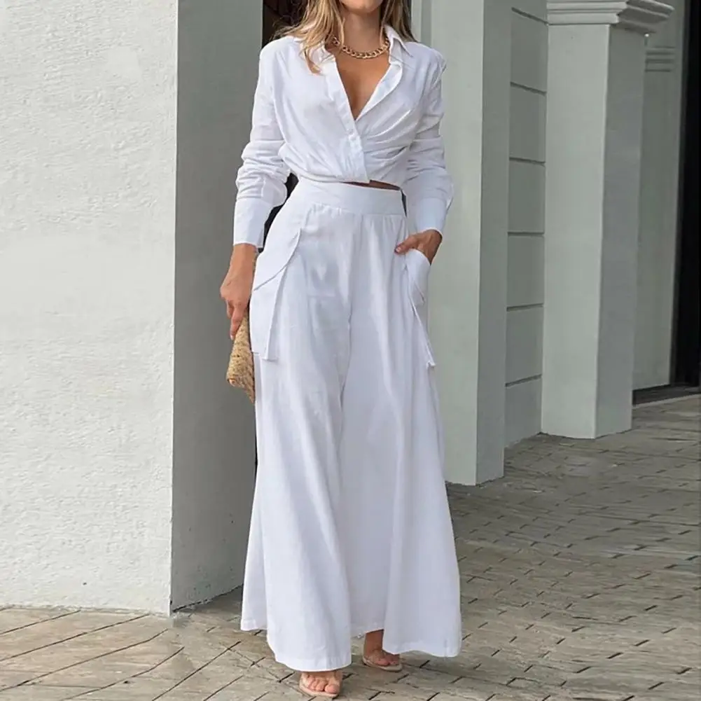 

Elegant Pants Sets Casual Long Sleeve Lapel V Neck Crop Shirts Wide Leg Pant Matching Set 2026 Trend Commuting Shirt Pants Set