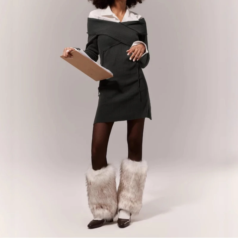 

Women's Strap Clamshell Collar Micro-horn Long-sleeved Small A Sweater Dress 2025 Autumn and Winter Skirt