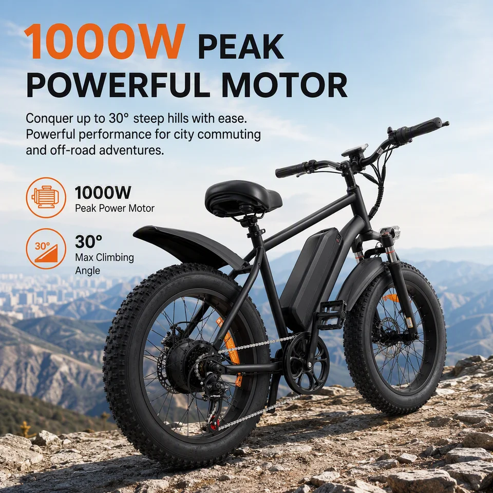 1000W Peak Electric Bike for Adults 48V 15Ah Removable Battery 40‑60 Miles Long Range 20"×4.0 Fat Tire Dual Suspension All‑Terrain E‑Bike image 8