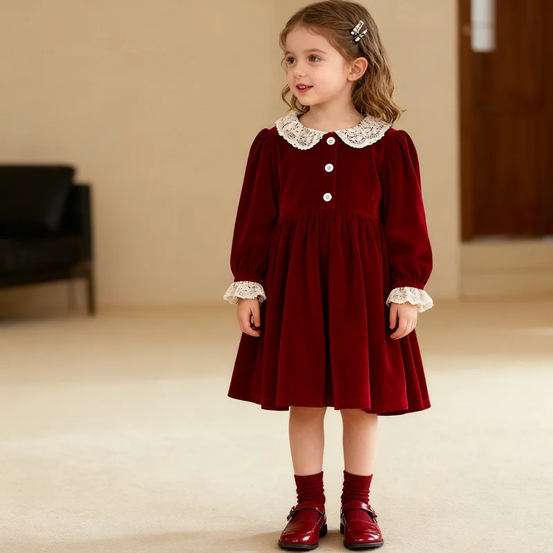

Autumn Velvet Elegant Lace Trim Long Sleeve Christmas Eid Birthday Princess Dress