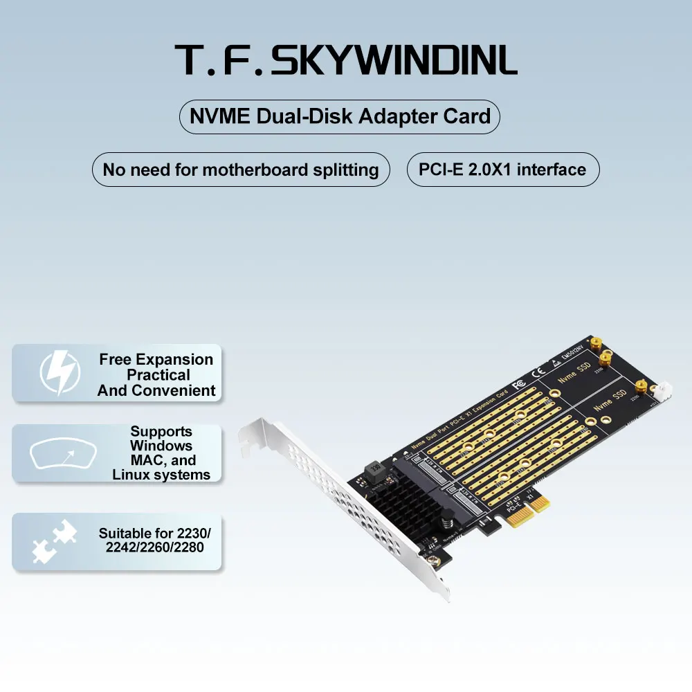 

Конвертер адаптера PCIE X1 в Dual M.2 NVME M-KEY SSD для подъемных карт SSD 2230/2242/2260/2280