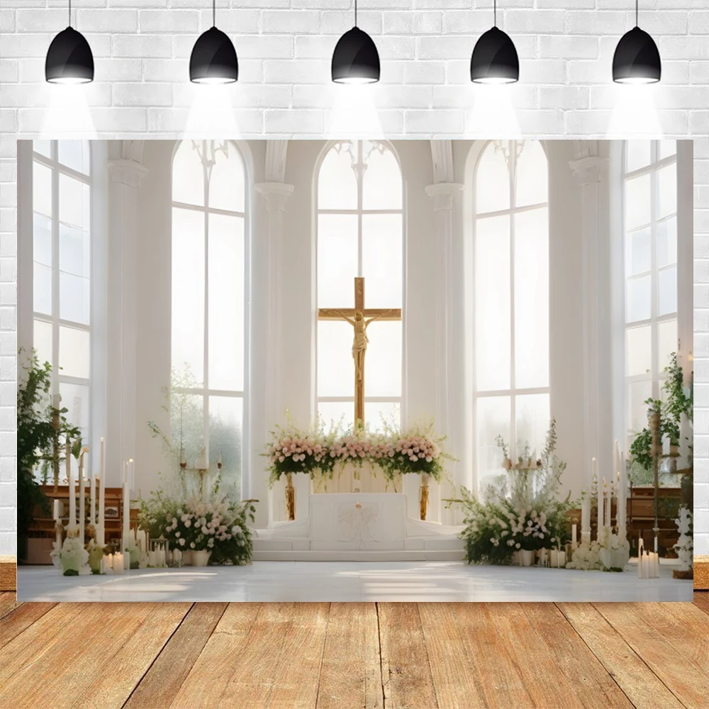 White Church Backdrop Jesus Cross Window Flower Kid Christening Wedding Party Photography Background Photostudio Photobooth Prop