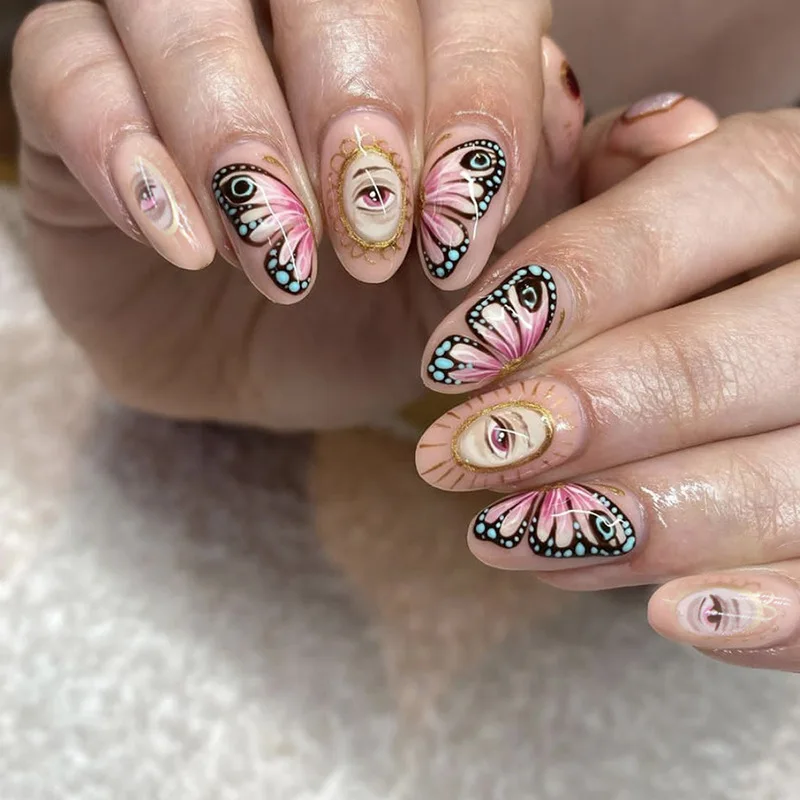 

24pcs Halloween Press-On Nails - Mystic Eyes & Vintage Butterflies Medium Oval Shape (Multi Sizes) False Nail For Women Girl