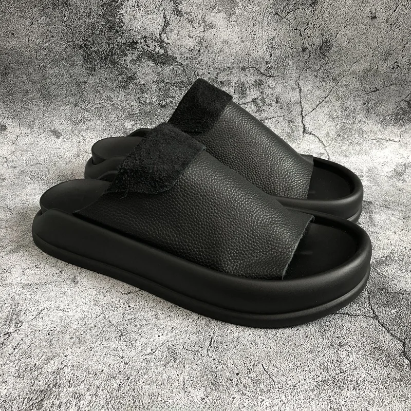 

Летние повседневные мужские уличные сандалии без шнуровки из мягкой кожи из личи, дышащие однотонные резиновые сандалии Thi Bot Sole oes