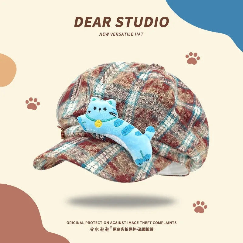 

Cute Cartoon Cat Patch Contrasting Color Plaid Berets Y2K Summer Autumn Casual Versatile Show Face Small Sweet Woman's Hats