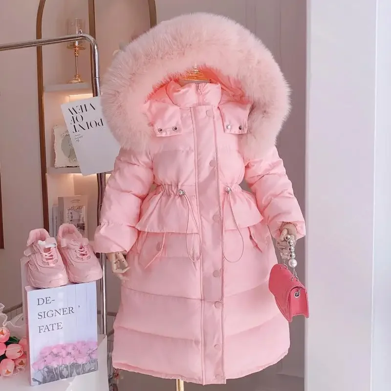 Girls' Winter New Solid Color Hoodie with Hairy Collar and Waist Collection Fashionable Windproof and Warm Long Cotton Jacket