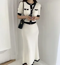 Knitting Two Piece Set Woman Autumn White Elegant O-neck Sweater + Elastic Waist Skirts Korean Fall Business Dress Sets 2023