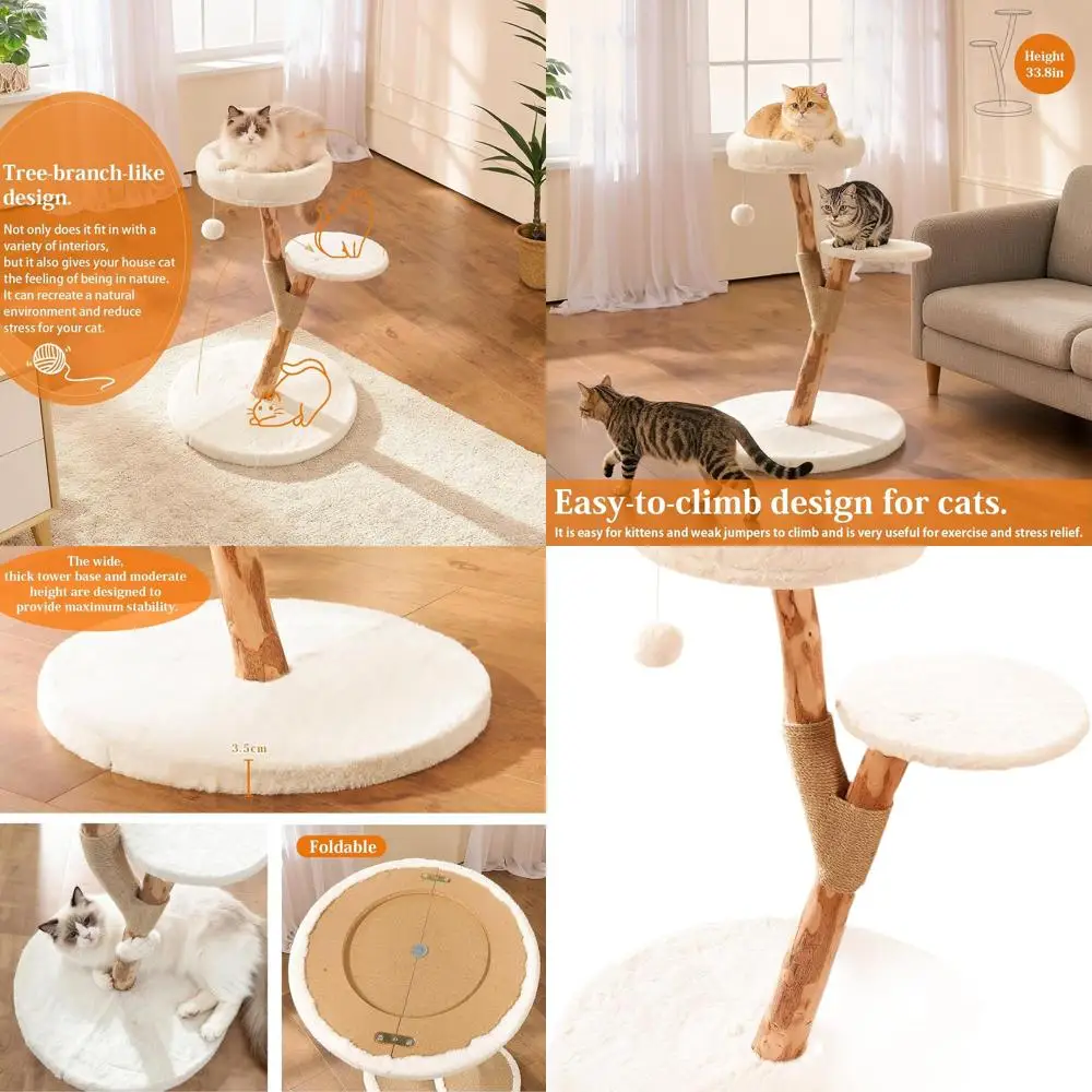 

Indoor 2-Level Cat Tree with Wooden Posts, Plush Bed, Scratching Post, and Hanging Ball Toy