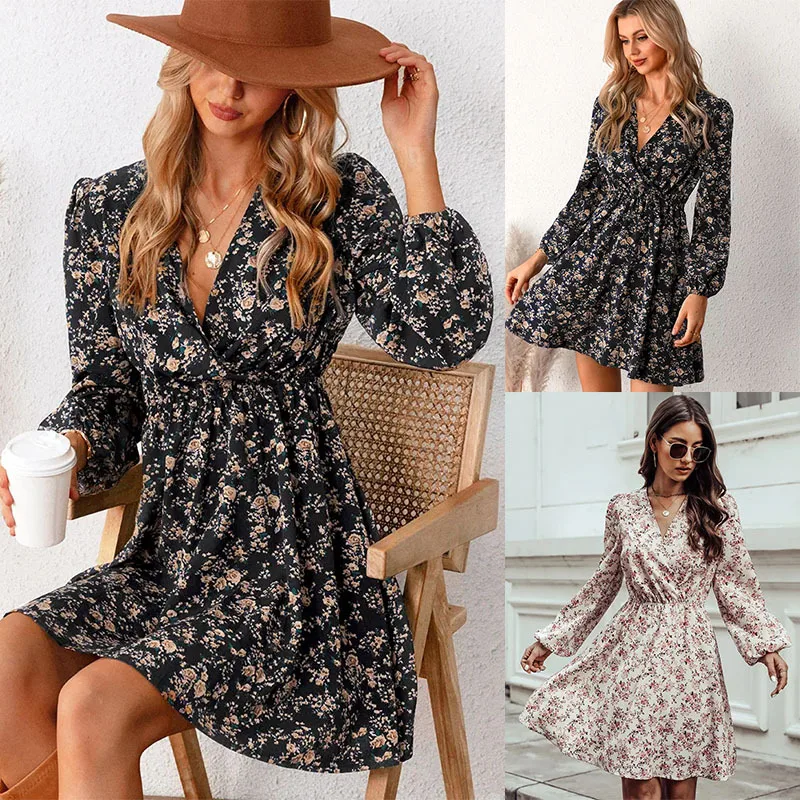 2024 Women'S Elegant Dress Womens V Neck Floral Mini Dress Long Sleeve A Line Surplice Chiffon Dress Elegant Show Thin Dress