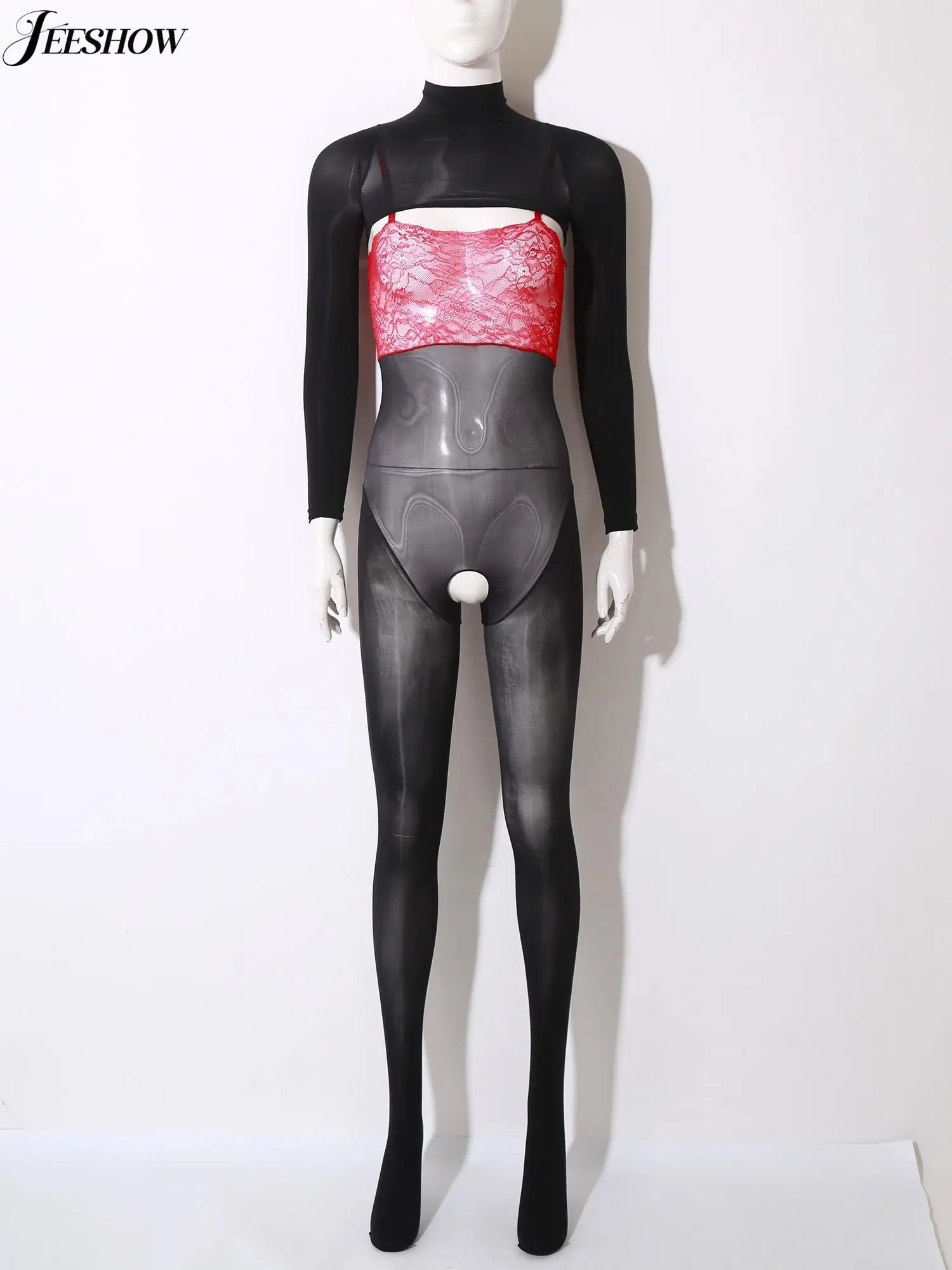 

Womens See Through Sleeveless Open Crotch Bodystockings with Long Sleeve Ultar-short Crop Top Floral Lace Patchwork Bodysuits